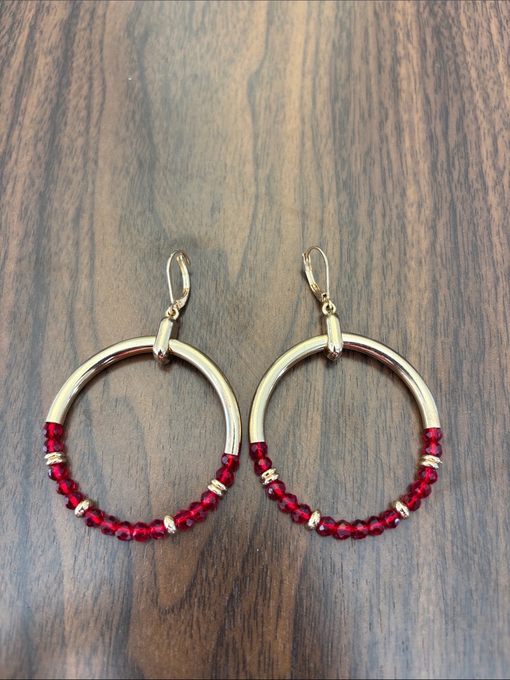 Gold Hoop Earrings with Red Bead Accents